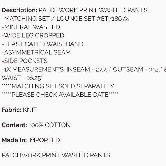 🌻 small - 3X 223 EASEL PATCHWORK PRINT WASHED PANTS - Picture 5 of 5